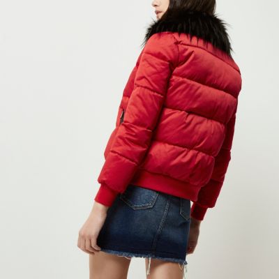 Red faux fur trim puffer jacket